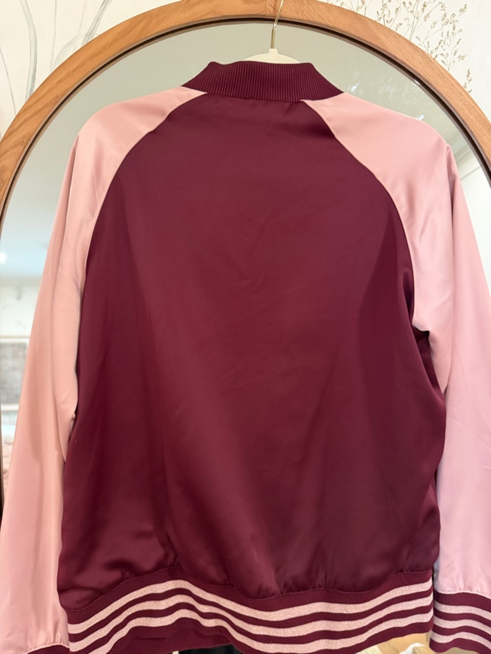 adidas Women's Burgundy and Light Pink Satin Bomber Jacket - Picture 4 of 4